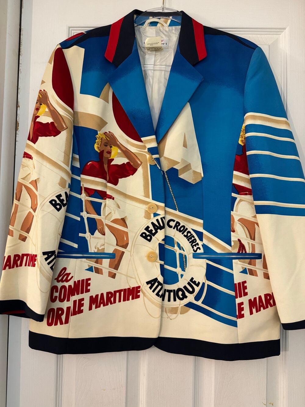 Vintage Apriori French Maritime Travel Poster Novelty Print Blazer Jacket US 10